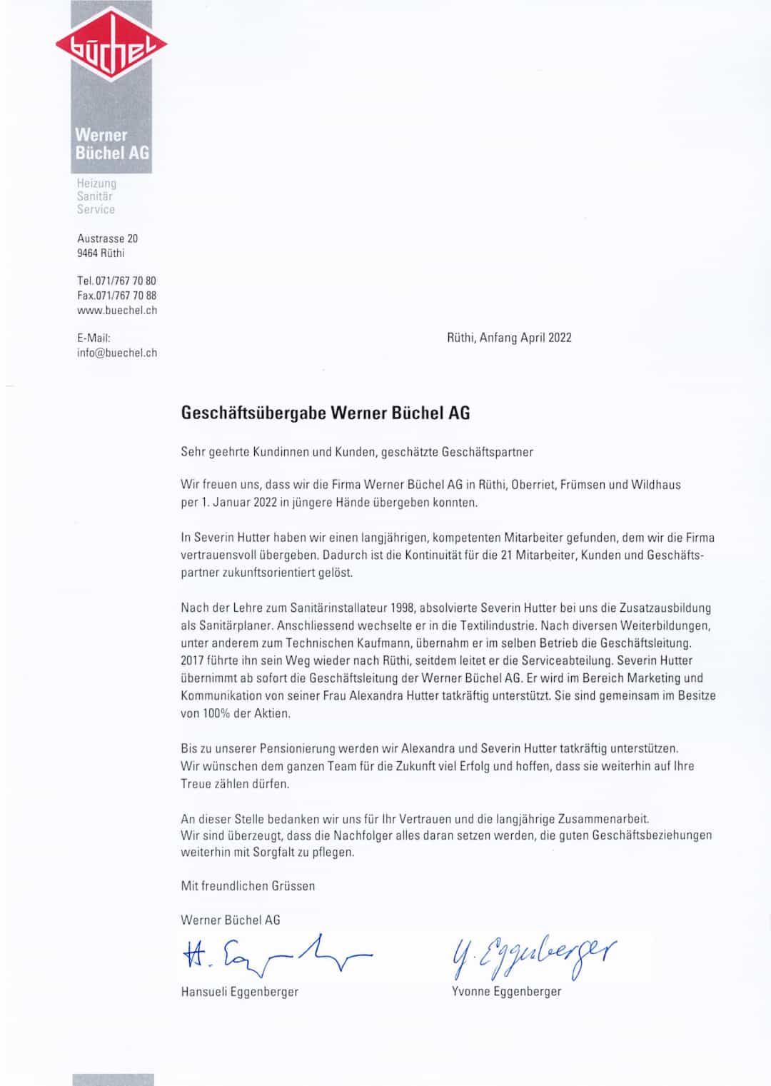Geschäftsübergabe Werner Büchel AG